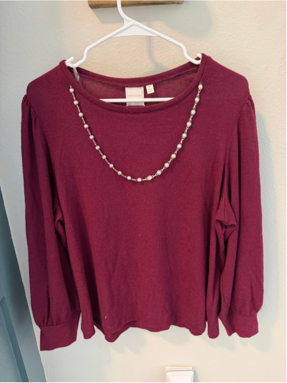 Zac & Rachel Long Sleeve Pearl Embellished Top Burgundy Plus 1X NWT
